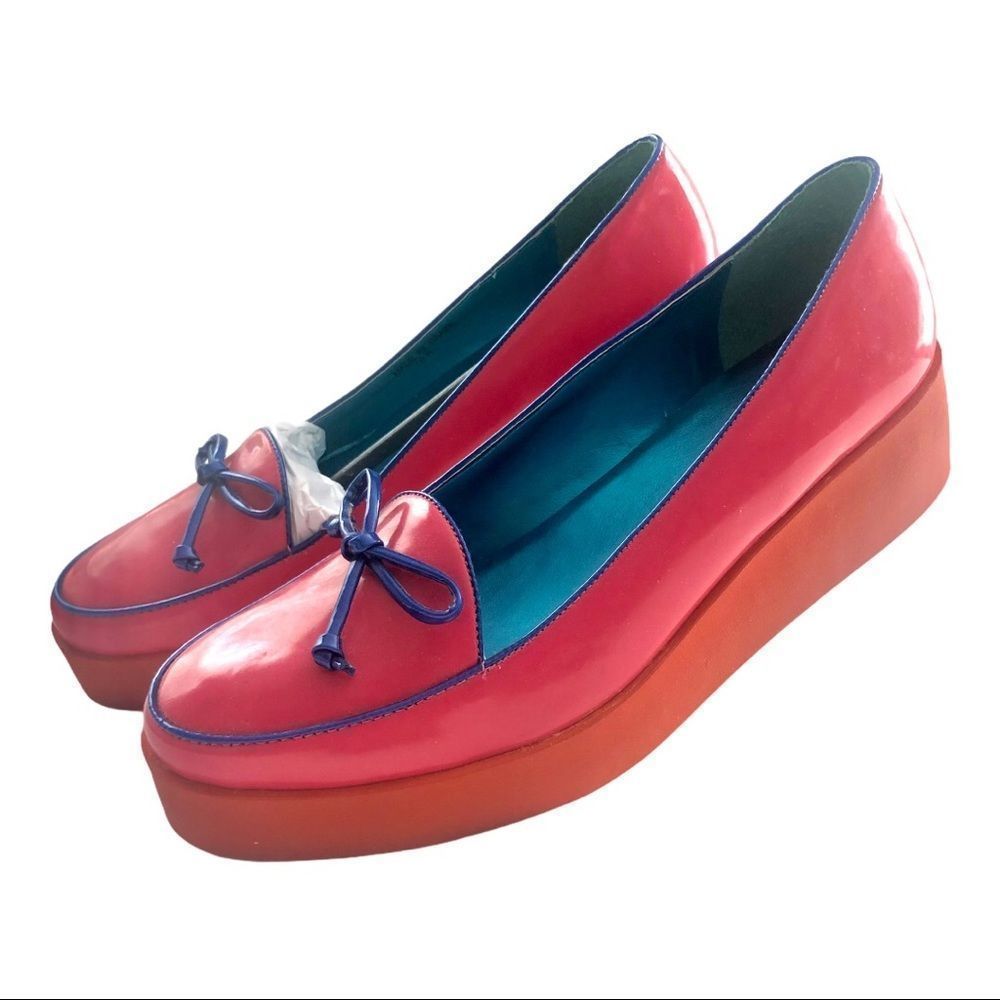 Bernardo Pink Patent Platform Loafers with Blue Trim and Orange Sole - Picture 6 of 7